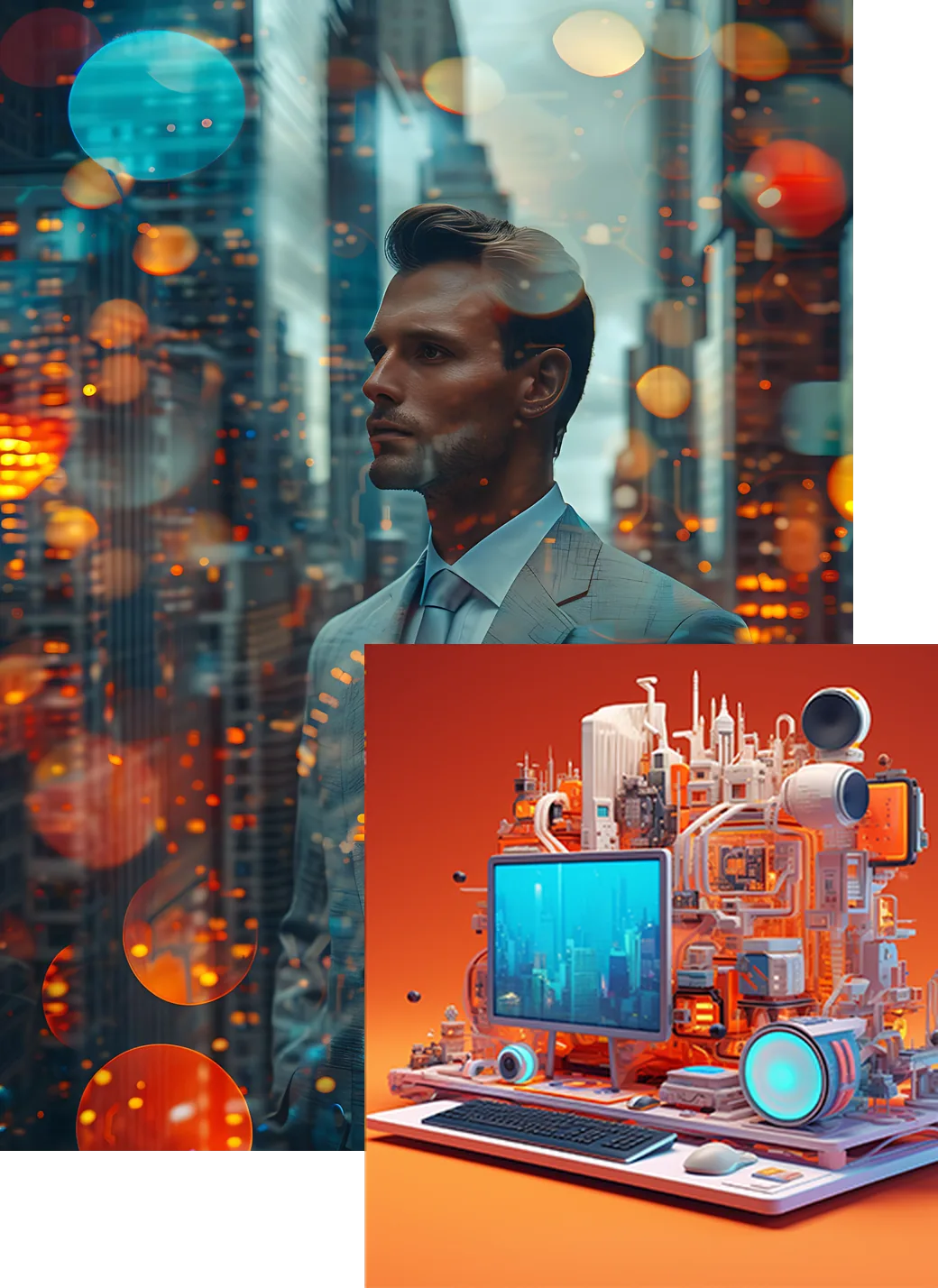 Stylized image of a man in a suit standing in front of the city skyline, beside a graphic of a computer with many interconnected systems behind it, symbolizing how many different areas can be digitally managed and optimised.