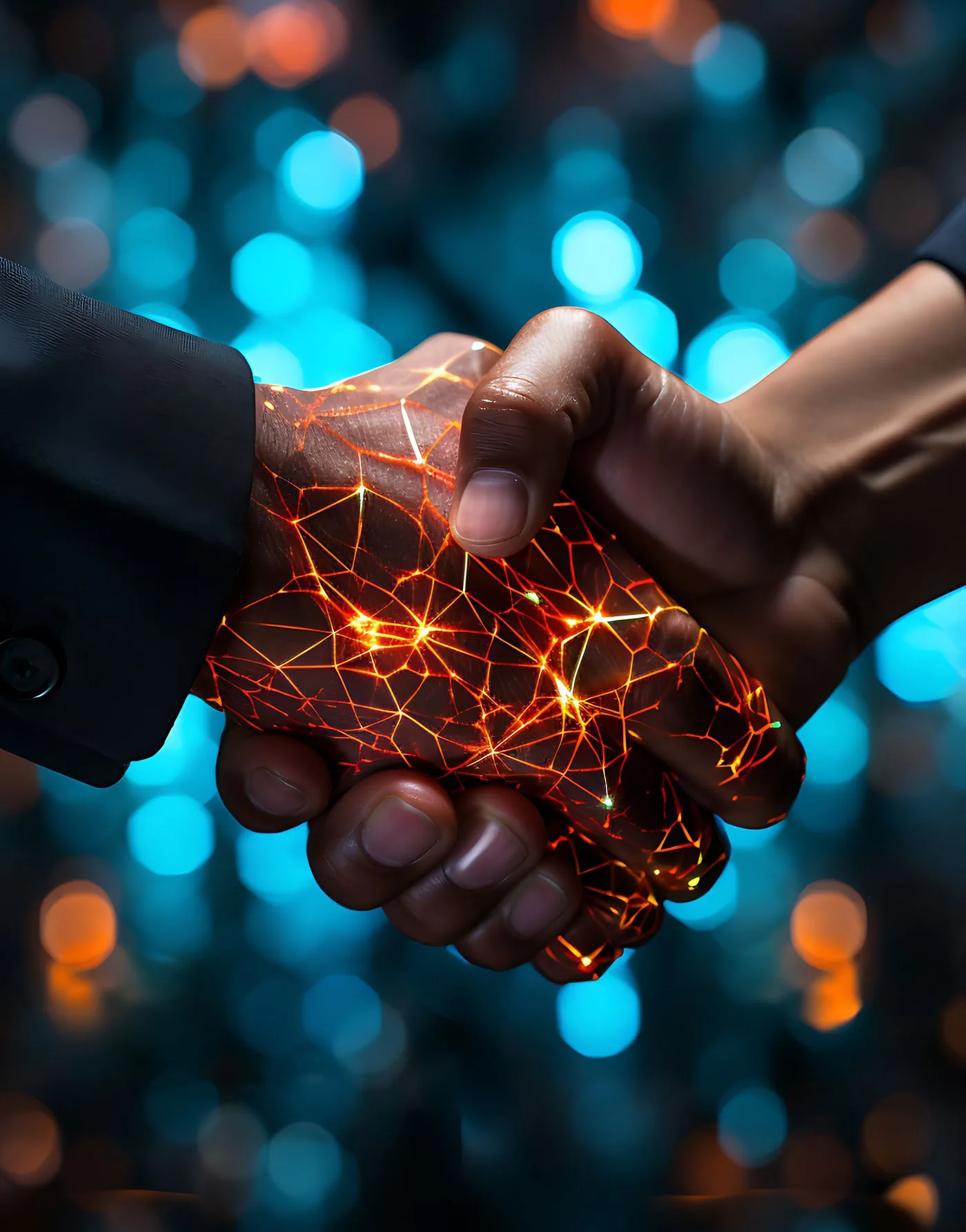 Stylized image of a handshake. One hand is a normal hand while the other is digitally connected, suggesting the blend of human and technological ingenuity.