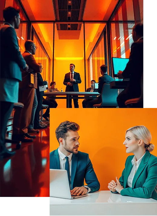 A man in a suit speaks to a group of digitally connected coworkers in a stylish modern office conference room, beside two people sitting at a white desk in front of a laptop, discussing solutions to problems for their clients.