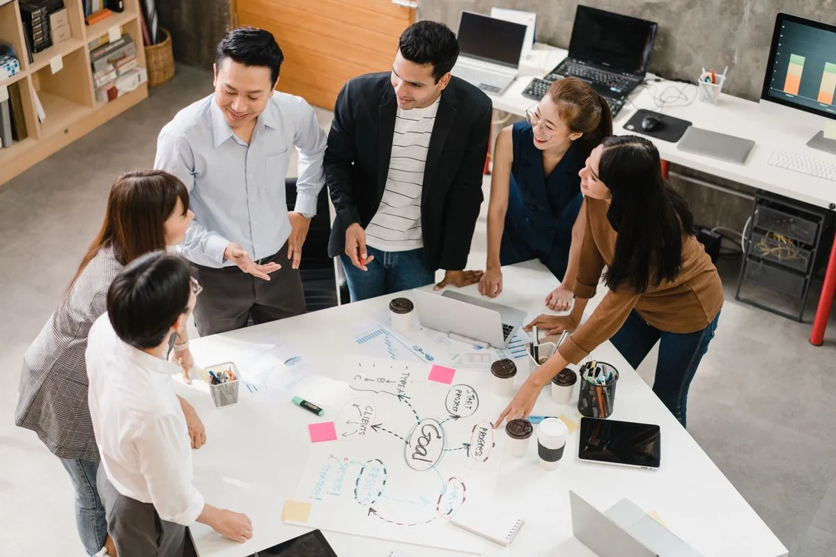 Six people are standing around a desk. They are cheery and discussing their daily work, pointing out ideas and goals on their shared document open on the table.