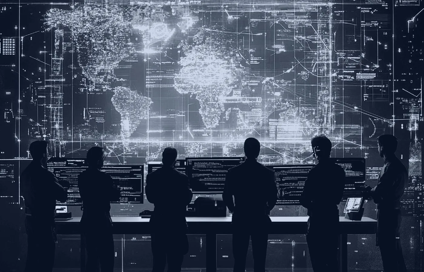 Six silhouettes stand in front of a desk containing computers all compiling code in black and white. They&rsquo;re looking at a digital representation of a map of the world.