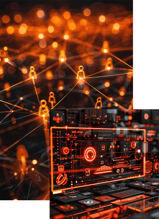 Digital graphic of touchpoints and people all connected to each other through technology, beside a stylized but non-descriptive interpretation of digital systems.