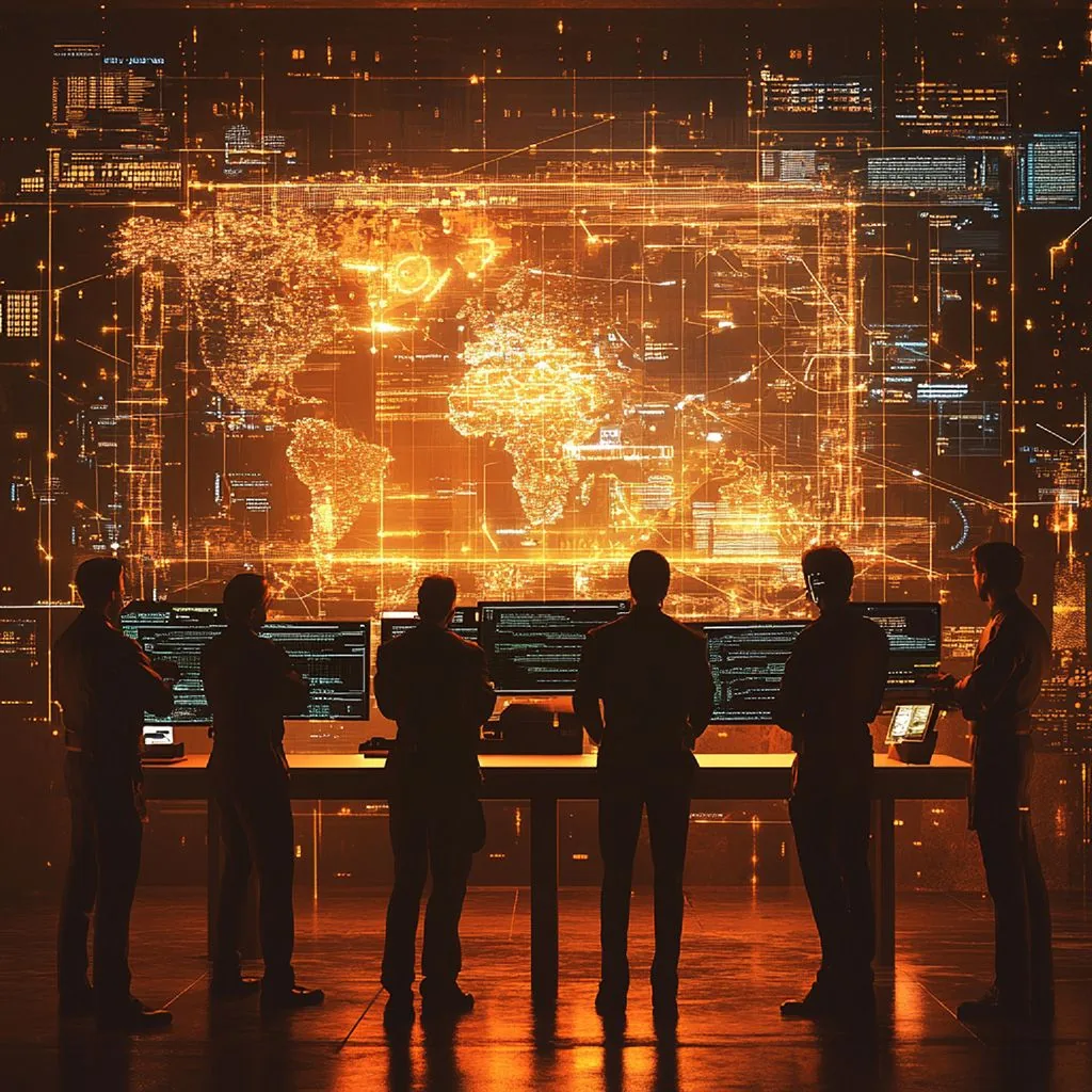 Six silhouettes stand in front of a desk containing computers all compiling code. They&rsquo;re looking at a digital representation of a map of the world.